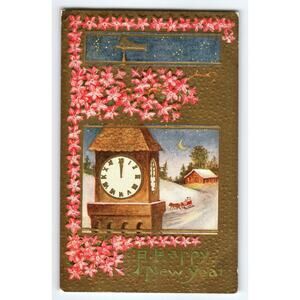 Vintage Embossed New Year Postcard Clock Tower & Sleigh Scene Antique Embossed